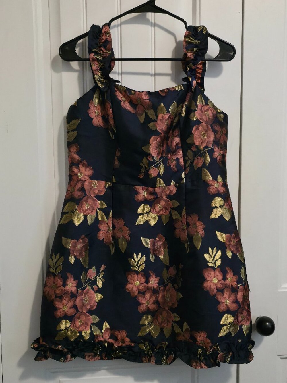 Lulus Pop the Bottle Navy Blue Floral Jacquard Ruffled Mini Dress -Womans Size L